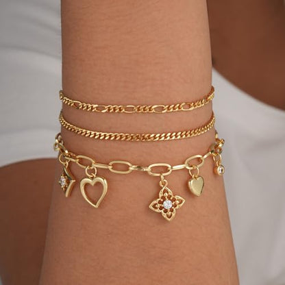 3PCS Charm Gold Bracelets for Women Non Tarnish,14k Plated Gold Bracelet Stack Cute Dainty Stackable Trendy Bow Cross Clover Bracelets Set Tarnish Free Gold Jewelry for Women Gifts - color: Clover&Heart-Gold