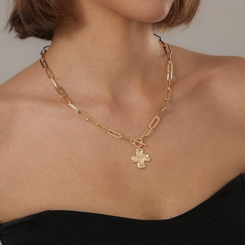 Bheop Chunky Cross Necklace for Women, 14K Gold Silver Statement Necklace | Sturdy Paperclip Chain, Hammered Pendant, Vintage Charm, Trendy Costume Jewelry, Faith Christian Religious Gift, Non Tarnish - style: GD-Toggle Necklace(0.8 inch Pendant)