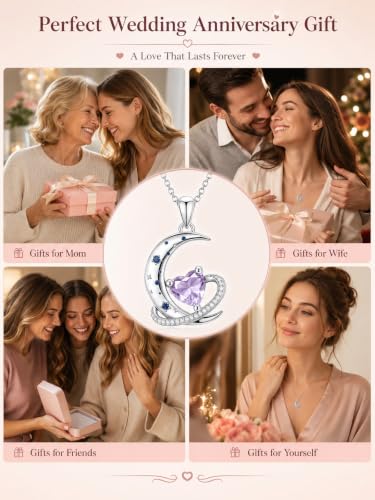 Birthstone Necklace for Women White Gold Moon and Star Pendant Moon Jewelry Anniversary Birthday Gifts for Mom Wife Her - color: 06. June - Alexandrite