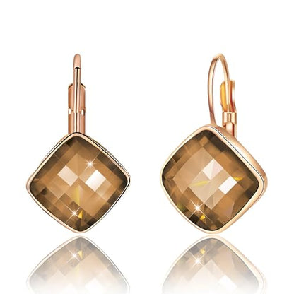 Austrian Crystal Square Leverback Drop Earrings for Women | Classic Square-Cut Crystal,14K Gold-Plated,Leverback for Easy Secure Wear,Gift Box Included,For Day and Evening Events - color: Light Topaz