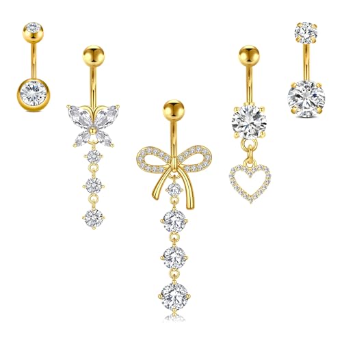 Briana Williams Belly Button Ring Belly Rings Belly Button Piercing Gold Belly Button Ring for Women Clicker Belly Ring Belly Piercing Stainless Steel 14g 10mm Blley Navel Rings Piercing Jewelry - color: E1 -5pcs, gold