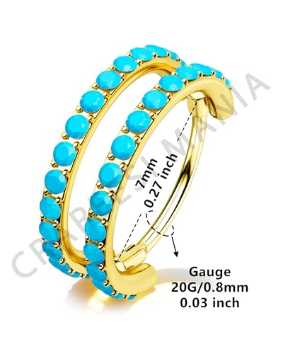 Nose Ring Hoop, 316L Stainless Steel Double Nose Rings, 20G Nose Piercing Jewelry for Women, Clear CZ Helix Cartilage Septum Nose Hoops - color: Turquoise-Gold-7mm