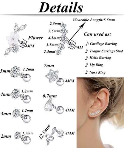 Tornito 9-30Pcs Cartilage CZ Stud Earrings Conch Forward Helix Tragus Daith Piercing Lip Rings Snake Heart Butterfly Jewelry for Women Men 16G Silver Gold Tone - color: A:Silver Tone