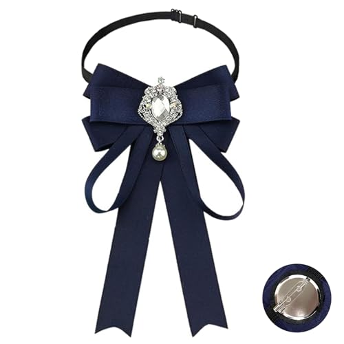 Fashion Ribbon Bow Tie Brooch Pins for Women Girls Crystal Pearl Uniform Pre-Tied Bowknot Corsage Party Ceremony Accessories - color: 117-Navy Blue