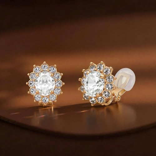 EVEVIC Oval Austrian Crystal Halo Clip On Earrings for Women | Oval Austrian Crystal with Zircon Halo,14K Gold-Plated,Silicone Comfort Pad,Gift Box Included,For Daily and Evening Events - color: White Clear