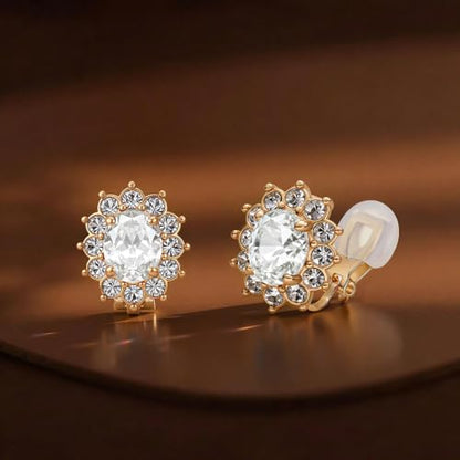 EVEVIC Oval Austrian Crystal Halo Clip On Earrings for Women | Oval Austrian Crystal with Zircon Halo,14K Gold-Plated,Silicone Comfort Pad,Gift Box Included,For Daily and Evening Events - color: White Clear