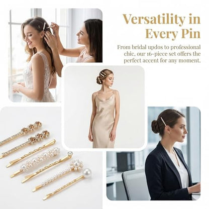 16Pcs Bobby Pins for Women Cute Rhinestone & Pearl Decorative Hair Clips Gold Hair Barrettes, Hair Accessories for Everyday Fashion Style & Party (16, Gold)