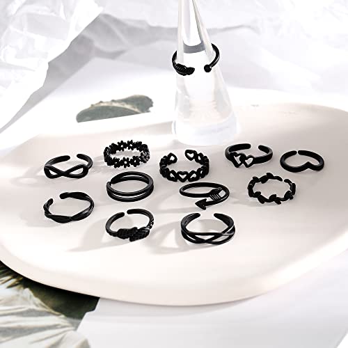 TOBENY 12PCS Gold Toe Rings for Women Non Tarnish Adjustable Open Set | Rose Black Waterproof Toe Ring Set, Sterling Silver Toe Rings, Flower Arrow Tail Band, Dainty Summer Beach Foot Jewelry - color: D-Black Color