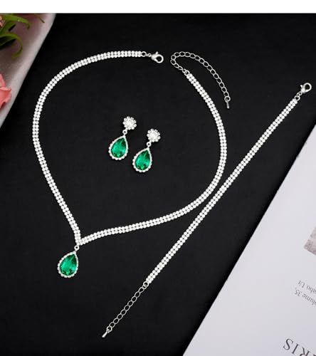 Elegant Silver Crystal Wedding Necklace Earrings Bracelet Jewelry Set for Women Brides Bridesmaids Prom Party Costume Accessory Bridal Jewelry - color: silver-emerald green