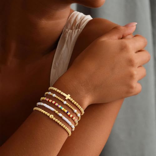 Turandoss 5PCS 14K Gold Plated Beaded Stretch Bracelets Set for Women | Stacked Bow Cross Wave Knot Pearl Beads Bracelet Set, Waterproof 7 Inch Stretch Elastic, Summer Jewelry Gifts for Women Girls - color: 5PCS Gold Cross Beaded Bracelets