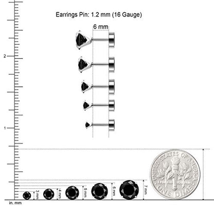 JewelrieShop Cartilage Tragus Earring Stainless Steel Stud Piercing Earring Flat Back Earrings Stud Flatback Screw Back Earrings for Women Men (16G, 6mm Bar Length, 3mm-7mm CZ, 5 Pairs) - color: 02. Steel with Jet Black CZ