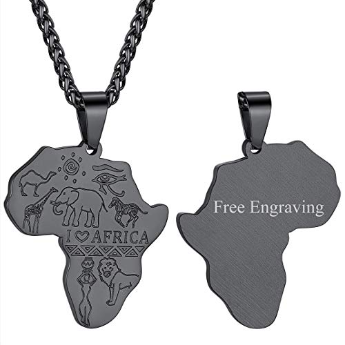 GOLDCHIC JEWELRY Africa Map Necklace for Men, Stainless Steel African Tribal/Egyptian Eye of Horus/I LOVE AFRICA/Elephant Map Hiphop Jewelry Unisex with 22'+2'Adjustable Chain - color: Animals - Black, style: Personalised Engraving