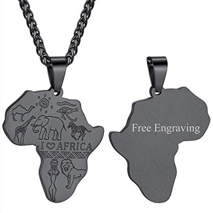 GOLDCHIC JEWELRY Africa Map Necklace for Men, Stainless Steel African Tribal/Egyptian Eye of Horus/I LOVE AFRICA/Elephant Map Hiphop Jewelry Unisex with 22'+2'Adjustable Chain - color: Animals - Black, style: Personalised Engraving