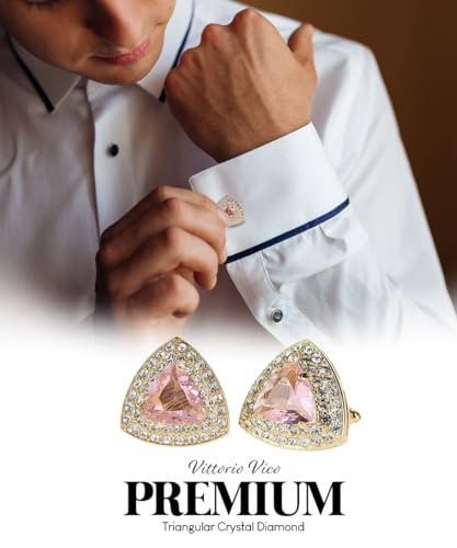 Triangular Crystal Diamond Set Cuff Links for Men – Tuxedo Suit Accessories, Cufflinks for Men - style: Pink/Gold