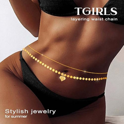 Tgirls Gold Waist Chain for Women Rhinestone Layered Belly Chains Beads Body Chain Heart-Shaped Beach Body Jewelry for Summer - style: Heart