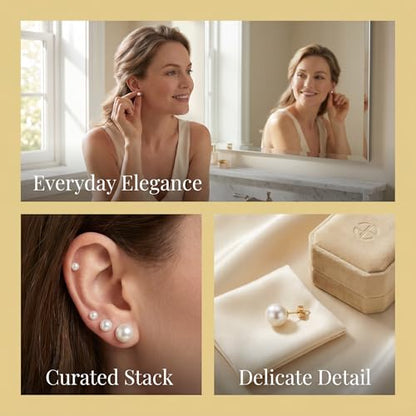 12 Pairs Pearl Stud Earrings for Women | White Pearl CZ Ball Hypoallergenic Earrings, Bridal Simulated Pearl Rhinestone Pearls Stud Earrings Jewelry Set for Wedding - color: Gold