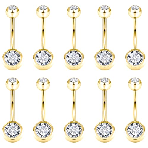 14G Belly Button Ring Piercing Surgical Steel Externally Threaded CZ Short Long Navel Rings 6MM 8MM 10MM 12MM 14MM 16MM Length Hypoallergenic Belly Piercing Jewelry for Women Silver Gold - color: Gold, size: 12MM Length
