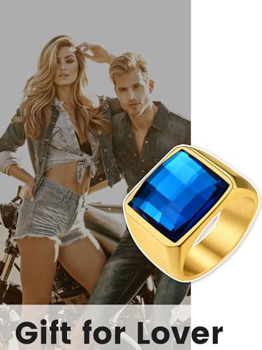KeyStyle Square Gemstone Signet Rings for Men, Personalized Stainless Steel Pinky Ring with Black Onxy Blue Topaz Birthstone Statement Ring - color: Gold - Blue Topaz - 15mm