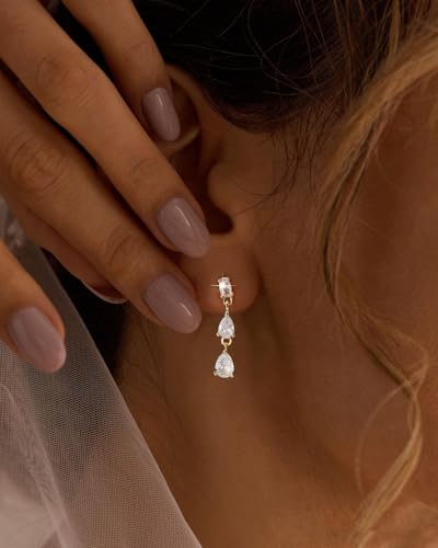 14K Gold Plated/Sterling Silver CZ Pearl Drop Dangle Earrings for Women - color: Gold-3 CZ