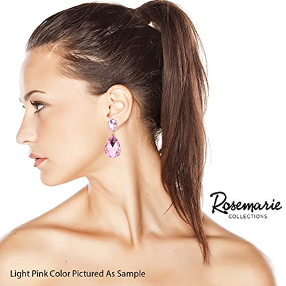 Rosemarie & Jubalee Women's Double Teardrop Statement Glass Crystal Rhinestone Dangle Clip On Bridal Earrings, 2" - color: Peach Crystal Rose Gold Tone
