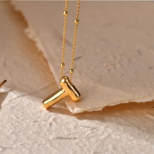 LUCA SMITH 2-Piece Initial Necklaces for Women, Dainty Balloon Bubble A-Z Letter Necklace Set, Name Letter Alphabet Pendant Layered Choker Necklaces Personalized Jewelry Gift - color: Gold bubble letter necklace, style: Initial Set-T