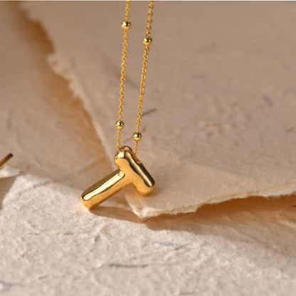 LUCA SMITH 2-Piece Initial Necklaces for Women, Dainty Balloon Bubble A-Z Letter Necklace Set, Name Letter Alphabet Pendant Layered Choker Necklaces Personalized Jewelry Gift - color: Gold bubble letter necklace, style: Initial Set-T