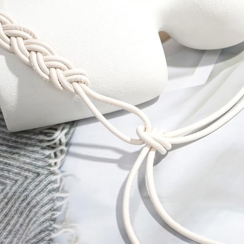 Women's Knotted Thin Waist Belt PU Leather Skinny Belts for Dresses Pants - color: Plaited Hair-white