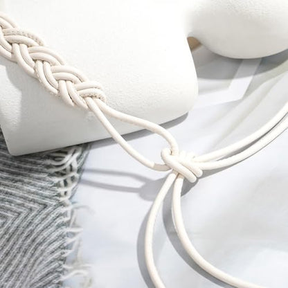 Women's Knotted Thin Waist Belt PU Leather Skinny Belts for Dresses Pants - color: Plaited Hair-white