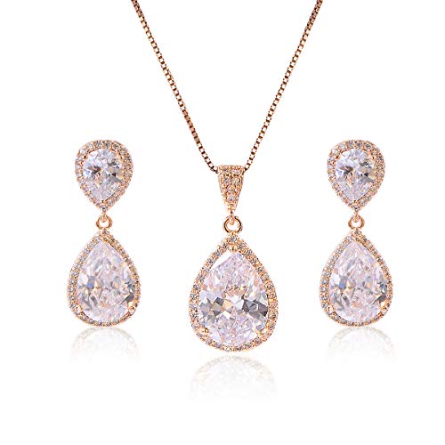 Elegant Jewelry Set for Women Silver Teardrop CZ Drop Earrings and Necklace | Square Teardrop Cubic Zirconia Rhinestone Jewelry Sets Bridal Jewelry Sets for Wedding Bride Bridesmaids Mother of Bride - style: Guardian Angel (14k Yellow Gold Plated)