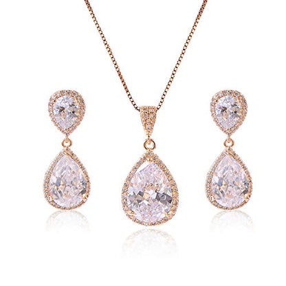 Elegant Jewelry Set for Women Silver Teardrop CZ Drop Earrings and Necklace | Square Teardrop Cubic Zirconia Rhinestone Jewelry Sets Bridal Jewelry Sets for Wedding Bride Bridesmaids Mother of Bride - style: Guardian Angel (14k Yellow Gold Plated)