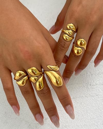 Chunky Gold Shell Starfish Ring Set for Women Trendy Gold Flower Scallop Seashell Starfish Gemstone Rings Adjustable Stacking Statement R-ings Non Tarnish Spring Summer Jewelry Accessories - color: A7:5 pcs