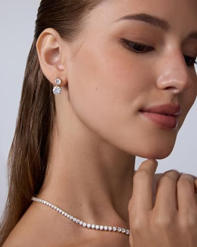 PAVOI 14K Gold Plated Cubic Zirconia Dangle Earrings for Women - Crystal Long Linear Bridal Drop Earrings - Cluster CZ Pearl Simulated Diamond Drop Dangle Wedding Jewelry for Brides & Bridesmaid - style: Round