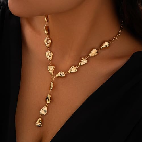 Gold Statement Lariat Necklace for Women Long Chunky Silver Y Shaped Necklace Big Baroque Shaped Drop Necklace Trendy Statement Jewelry Gift - color: gold