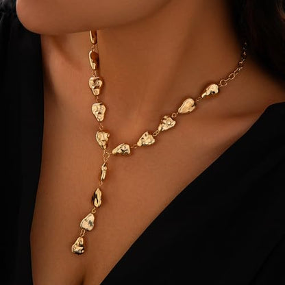 Gold Statement Lariat Necklace for Women Long Chunky Silver Y Shaped Necklace Big Baroque Shaped Drop Necklace Trendy Statement Jewelry Gift - color: gold