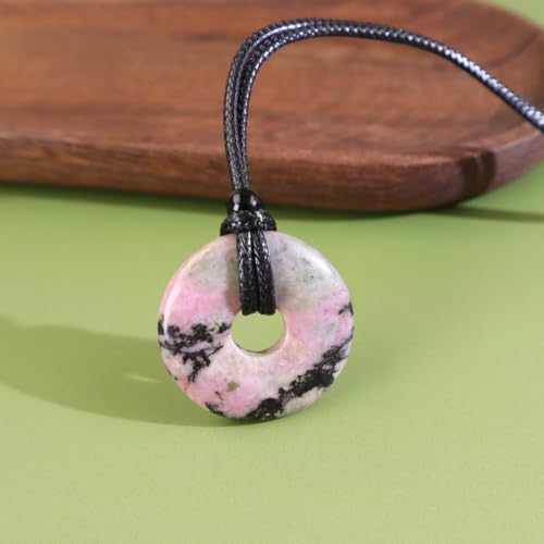 Anjiucc Natural Gemstone Pendant Necklce Lucky Coin Crystal Necklace Donut Pendnat with Adjustable Rope Healing Crystal for Men - color: Rhodonite