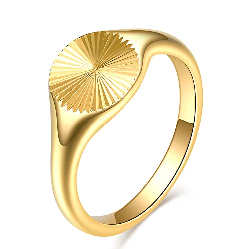 PCY Stainless Steel Round Signet Band Rings for men women Gold Silver Sunshine Pattern High Polished Stackable Hypoallergenic Wedding Cocktail Party Promise Statement Holiday Ring - color: GOLD