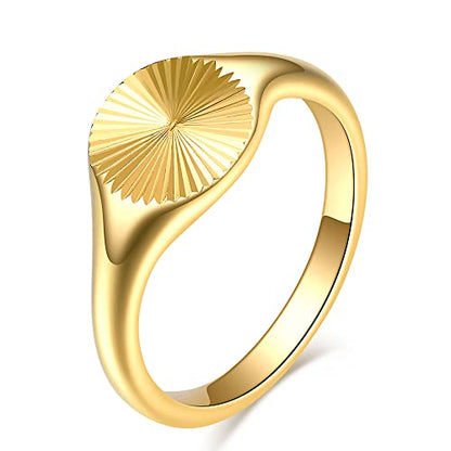 PCY Stainless Steel Round Signet Band Rings for men women Gold Silver Sunshine Pattern High Polished Stackable Hypoallergenic Wedding Cocktail Party Promise Statement Holiday Ring - color: GOLD