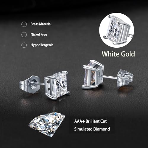Gemsme 5 Pairs Princess Cut Cubic Zirconia Stud Earrings for Women/Men - 18K Gold Plated Hypoallergenic 3-7mm Square Clear CZ Earring Set - color: White Gold-Princess Cut