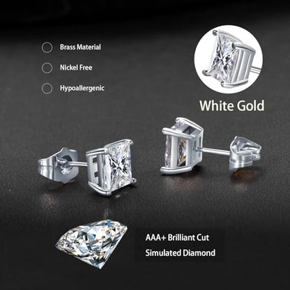 Gemsme 5 Pairs Princess Cut Cubic Zirconia Stud Earrings for Women/Men - 18K Gold Plated Hypoallergenic 3-7mm Square Clear CZ Earring Set - color: White Gold-Princess Cut