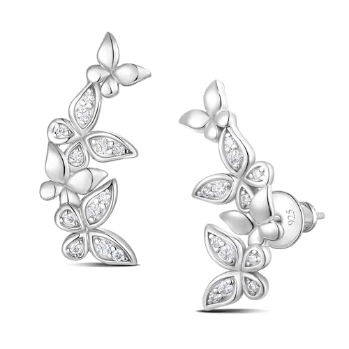 Moissanite 20mm Butterlfy/Flower/Leaf/Bezel Crawler Stud Earrings for Women, 925 Sterling Silver with Gold Plated, Hypoallergenic Cartilage Earrings, Valentines Birthday Anniversary Wedding Gift - color: Butterfly - White Gold