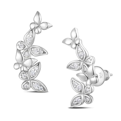 Moissanite 20mm Butterlfy/Flower/Leaf/Bezel Crawler Stud Earrings for Women, 925 Sterling Silver with Gold Plated, Hypoallergenic Cartilage Earrings, Valentines Birthday Anniversary Wedding Gift - color: Butterfly - White Gold
