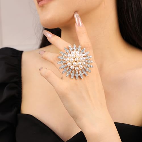 Elegant Big Crystal Ring for Women Gold Stacking Pearl Rhinestone Flower Rings Open Finger Adjustable Crystal Statement Ring Jewelry for Bridal Wedding - color: Crystal 2-silver