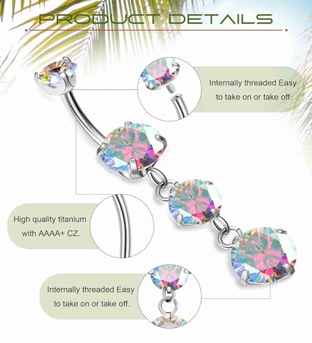 G23 Titanium Dangle Belly Button Rings for Women Dangling Navel Rings CZ Belly Rings Curved Barbell Internally Threaded Belly Piercing Jewelry - color: Colourful