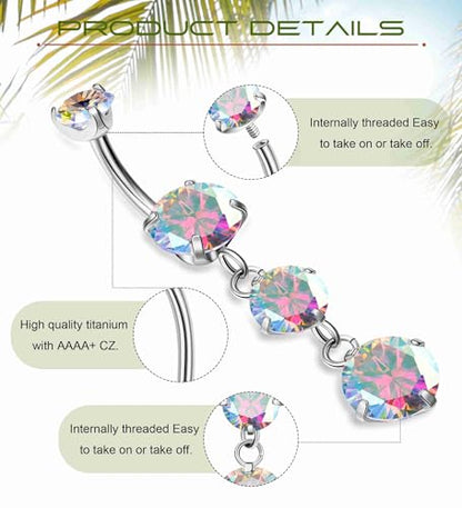 G23 Titanium Dangle Belly Button Rings for Women Dangling Navel Rings CZ Belly Rings Curved Barbell Internally Threaded Belly Piercing Jewelry - color: Colourful
