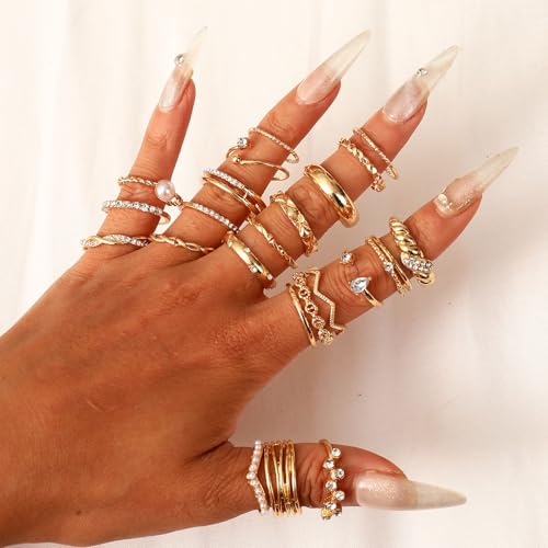 CHICUTIE Gold Knuckle Rings Set For Women Stackable Joint Finger Midi Rings Dainty Cubic Crystal Zirconia Simple Hollow Twist Cute Rings Pack Jewelry Gift - style: 47pcs Gold