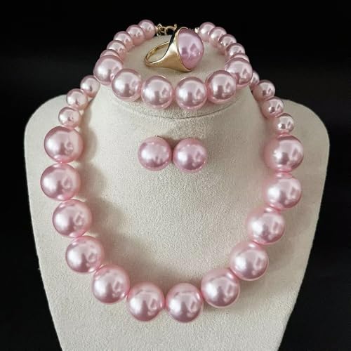 Chunky Beaded Jewelry Set, Necklace Earrings Bracelet Ring for Women Party | Simulated pearl jewelry set, necklace earrings bracelet & ring. Elegant chunky beaded, ideal gift for wedding and daily wear. - color: Pink