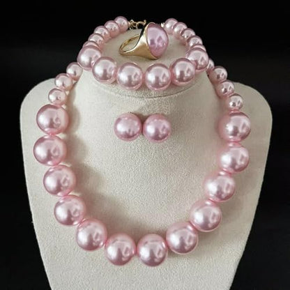 Chunky Beaded Jewelry Set, Necklace Earrings Bracelet Ring for Women Party | Simulated pearl jewelry set, necklace earrings bracelet & ring. Elegant chunky beaded, ideal gift for wedding and daily wear. - color: Pink