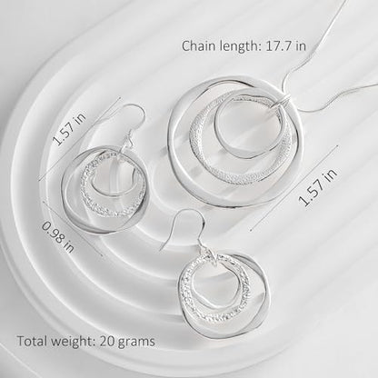 3 Circles Silver Hoop Earrings Necklace Set for Women Geometric Jewelry Set | 925 Silver Hypoallergenic Small Hoop Circle Geometry Textured Finish Minimalist Style Comfortable Wear - style: Silver