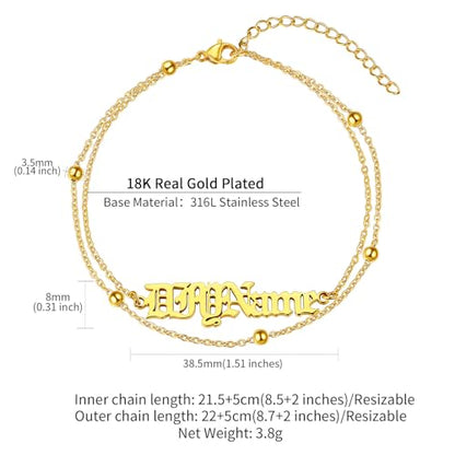 ChainsHouse Double Layer Anklet Bracelet for Women,Adjustable Chain Anklets Stackable Dainty Anklets,Stainless Steel/Gold Plated/Black Ankle Jewelry Gifts - color: B-Gold Plated-Bead Chain