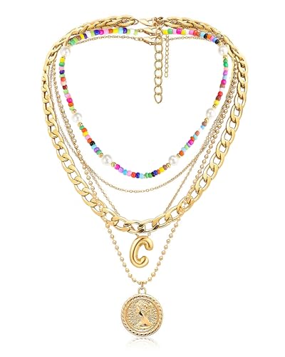 MJartoria Layered Necklaces for Women Trendy Balloon Initial Pendant Necklace Dainty Chunky Chain Beaded Choker Necklaces Jewelry Birthday Gifts - color: Gold, style: C